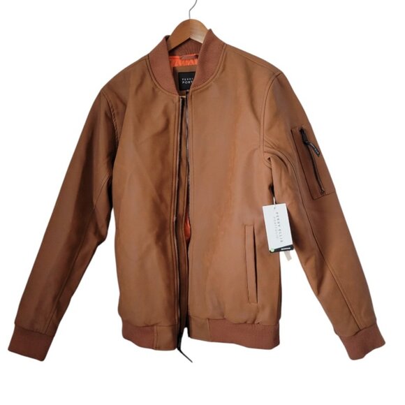Perry Ellis Men's Faux Leather (Vegan) Brown Bomber Jacket M New!! Orig. $150